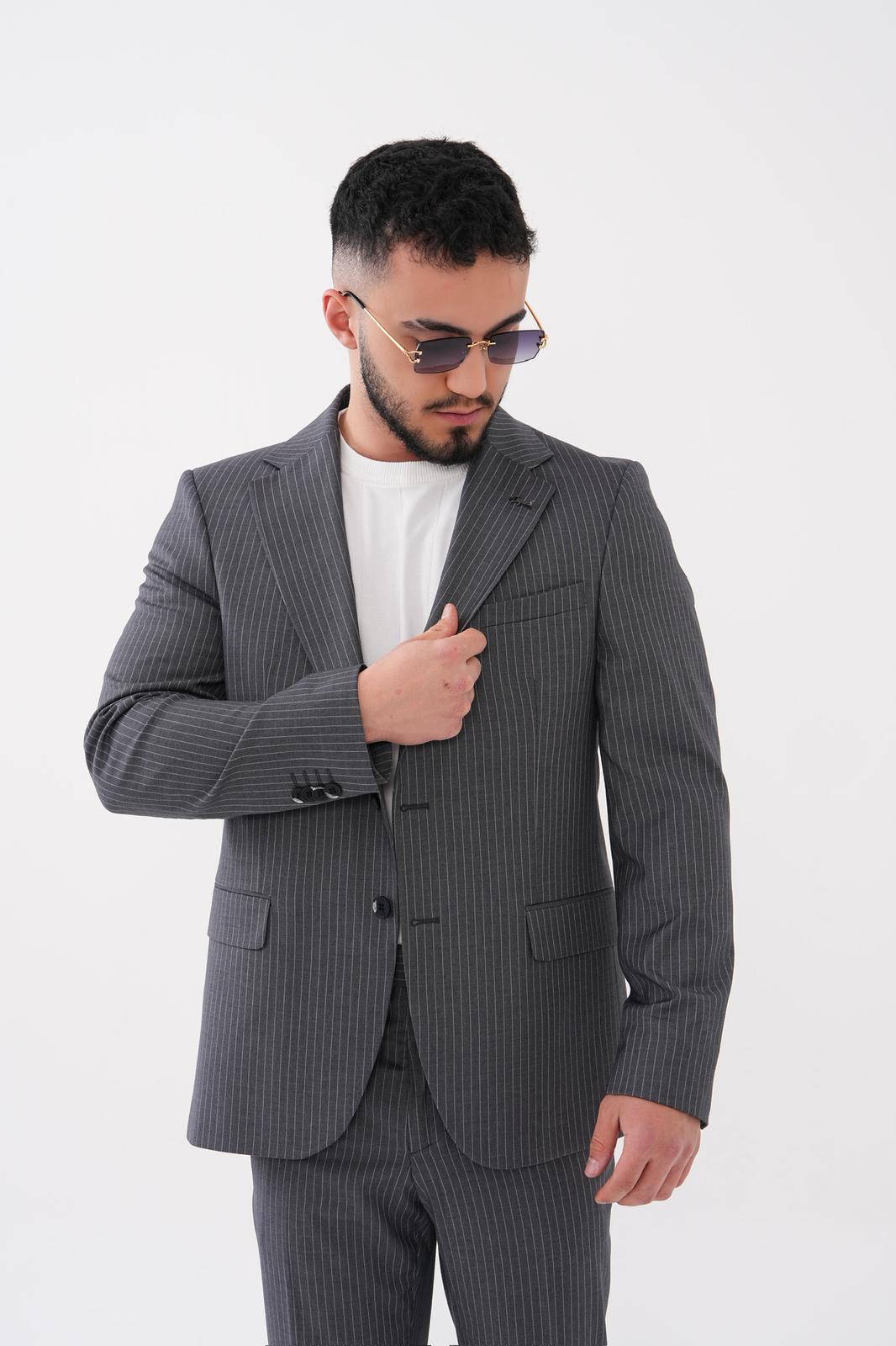 Dupont Çizgili Slim Fit 6 Drop Çift Düğme Çift Yırtmaç 2'li Takım Elbise