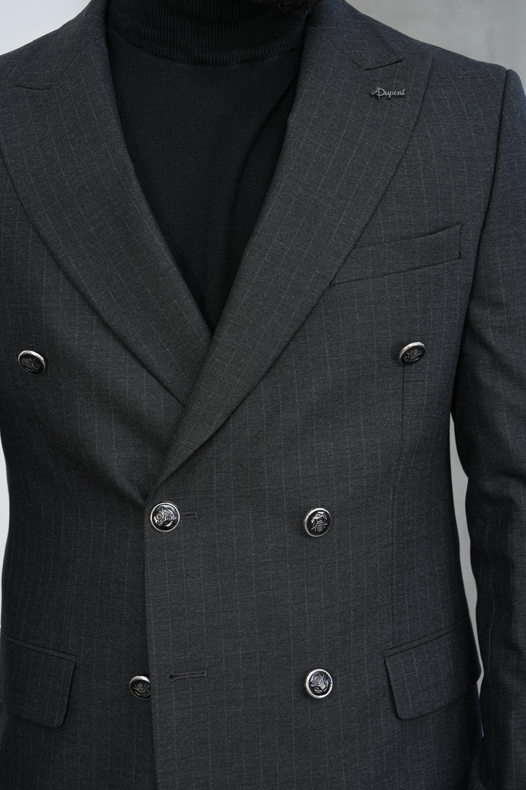 Dupont Erkek Çizgili Kruvaze Takım Elbise - Slim Fit 6 Drop Kırlangıç Yaka
