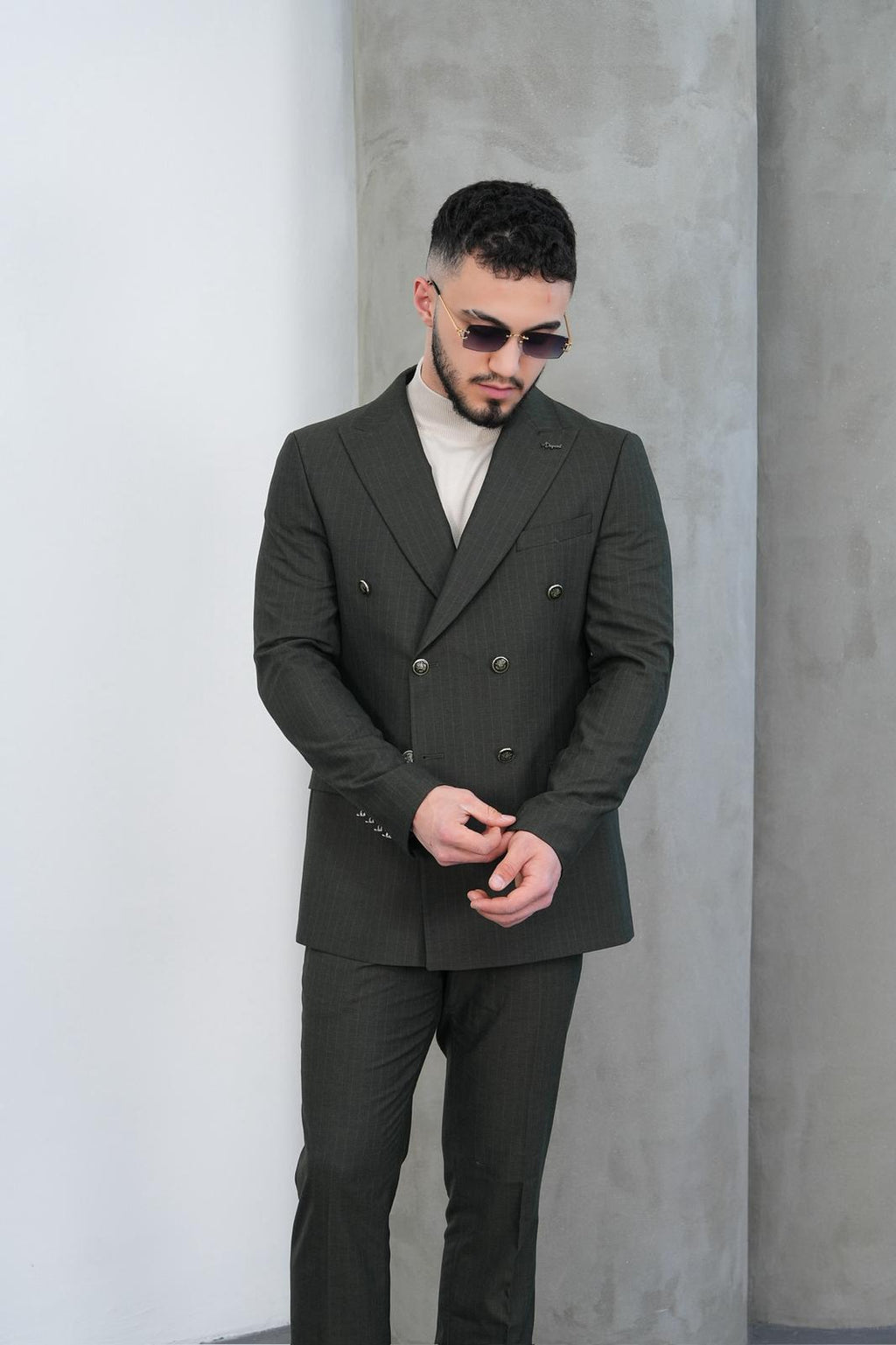 Dupont Erkek Çizgili Kruvaze Takım Elbise - Slim Fit 6 Drop Çift Yırtmaçlı