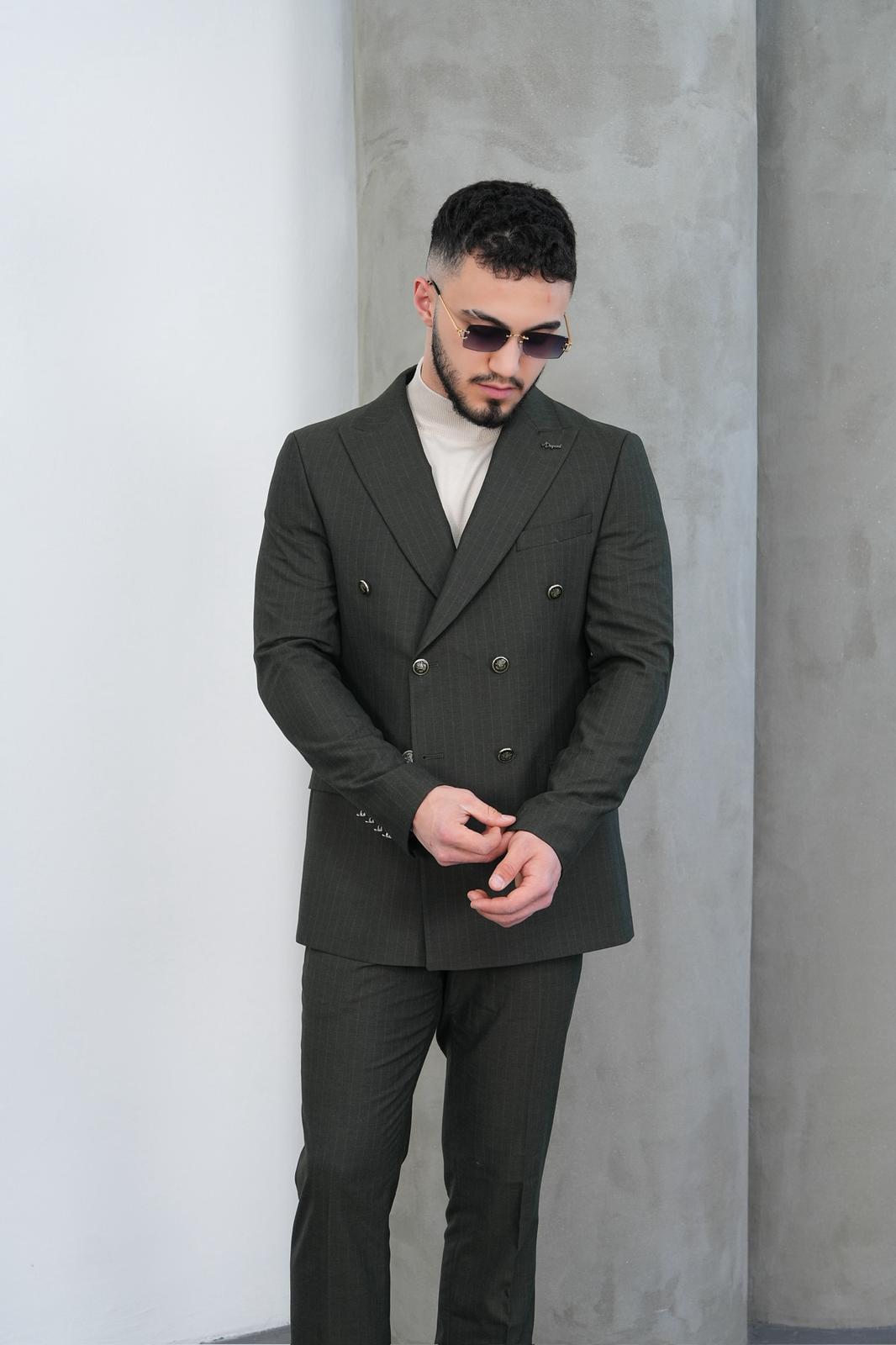 Dupont Erkek Çizgili Kruvaze Takım Elbise - Slim Fit 6 Drop Çift Yırtmaçlı