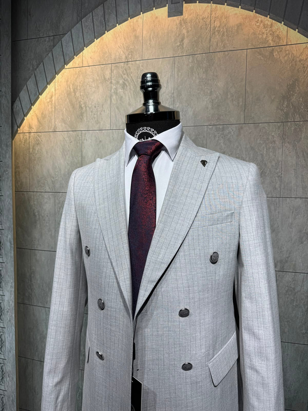 Dupont Erkek Çizgili Kruvaze Çift Yırtmaç 2'li Takım Elbise Slim Fit 6 Drop