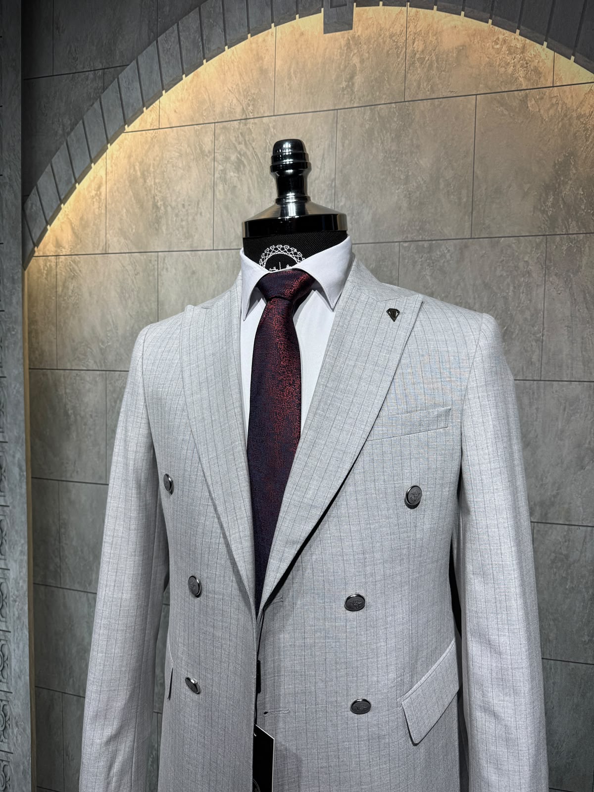 Dupont Erkek Çizgili Kruvaze Çift Yırtmaç 2'li Takım Elbise Slim Fit 6 Drop