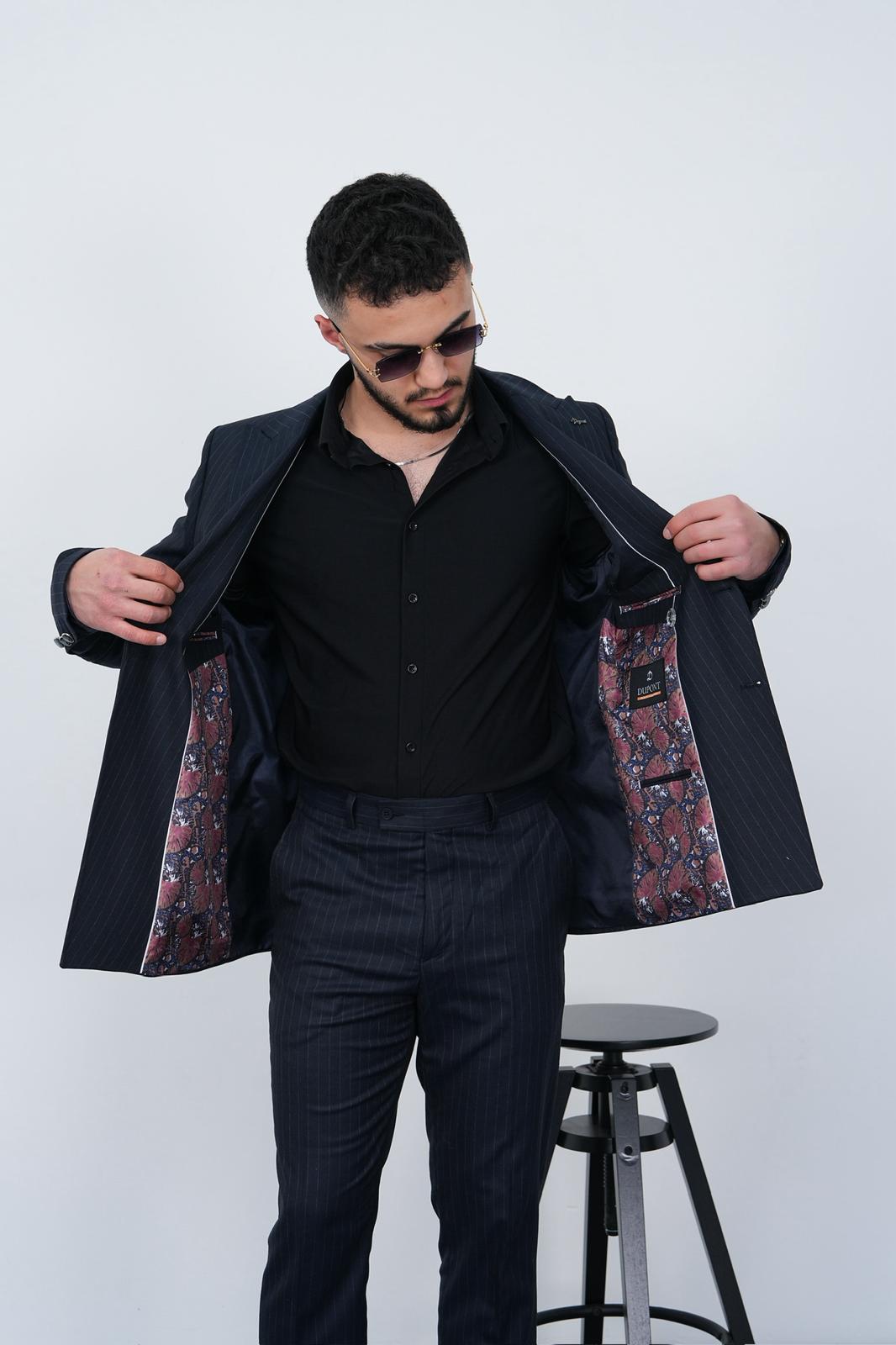 Dupont Erkek Çizgili Kruvaze Takım Elbise - Slim Fit 6 Drop Kırlangıç Yaka