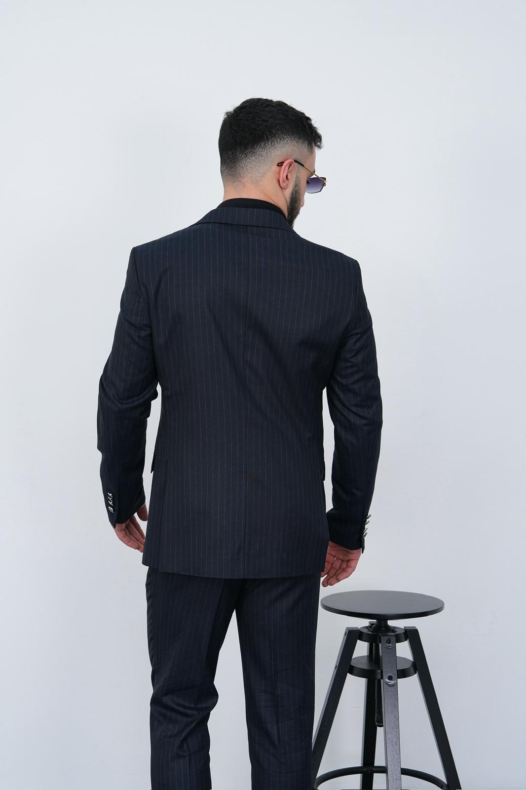 Dupont Erkek Çizgili Kruvaze Takım Elbise - Slim Fit 6 Drop Kırlangıç Yaka