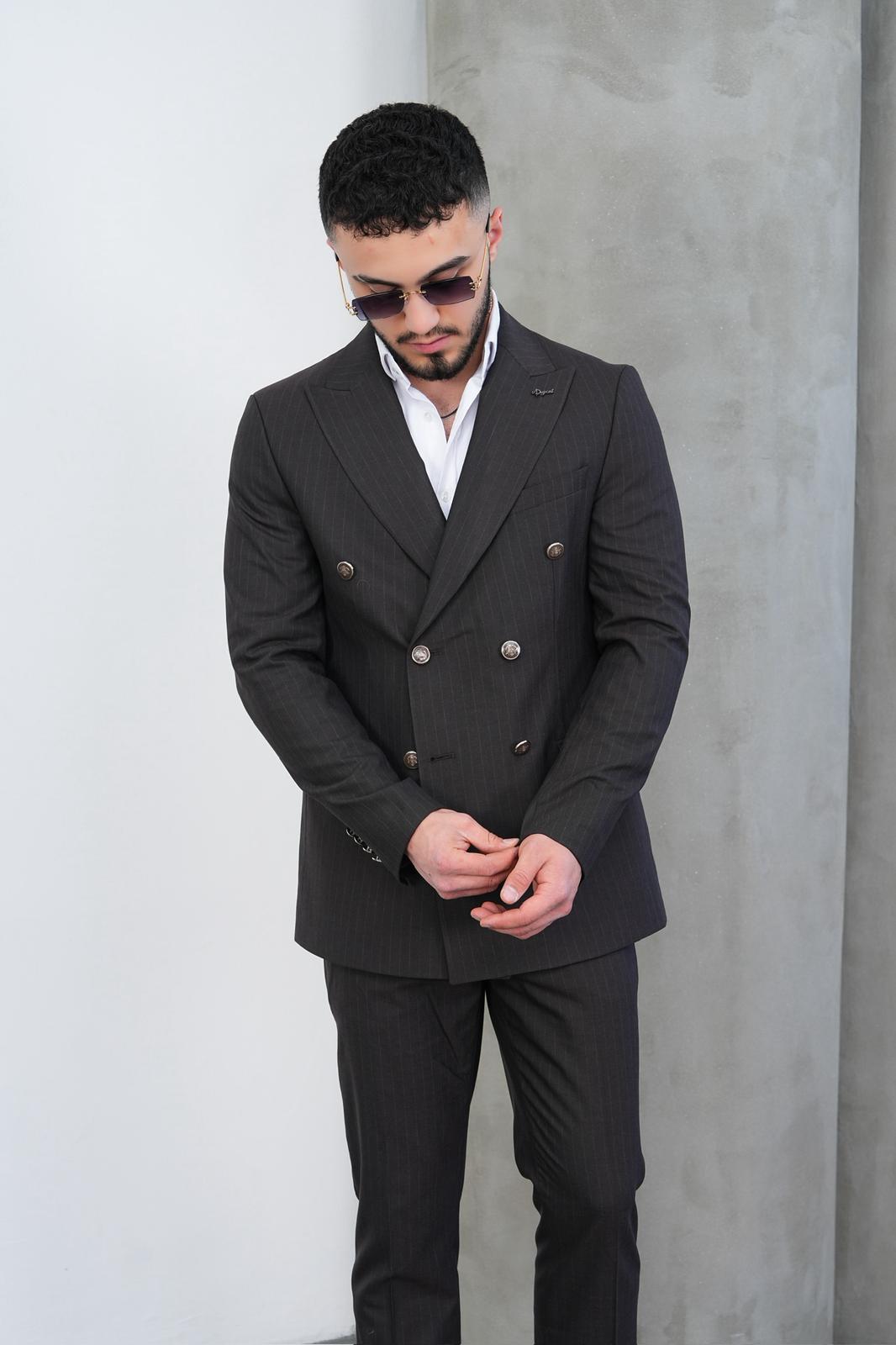 Dupont Erkek Çizgili Kruvaze Takım Elbise - Slim Fit 6 Drop Çift Yırtmaçlı