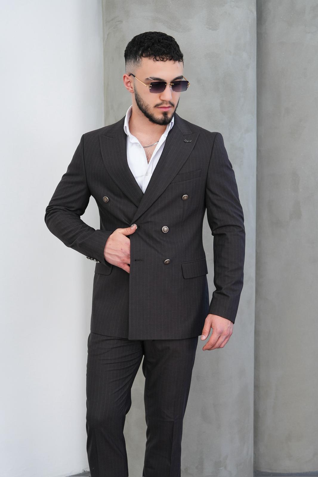 Dupont Erkek Çizgili Kruvaze Takım Elbise - Slim Fit 6 Drop Çift Yırtmaçlı