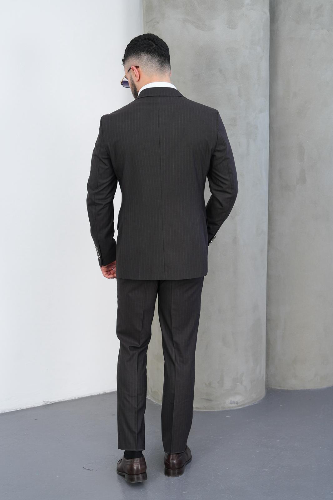 Dupont Erkek Çizgili Kruvaze Takım Elbise - Slim Fit 6 Drop Çift Yırtmaçlı