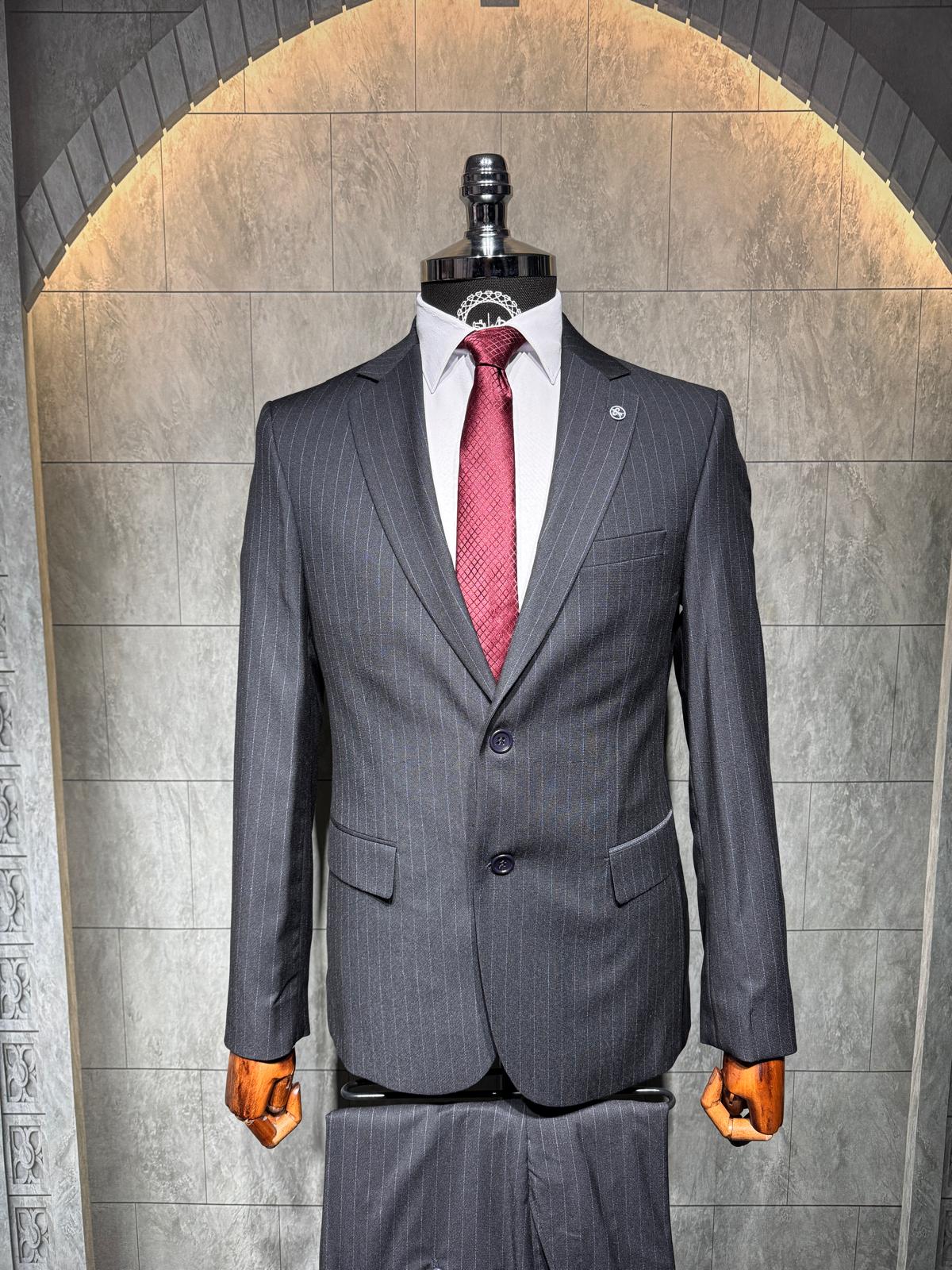 Dupont Slim Fit Çizgili Erkek Takım Elbise - Mono Yaka Çift Düğme